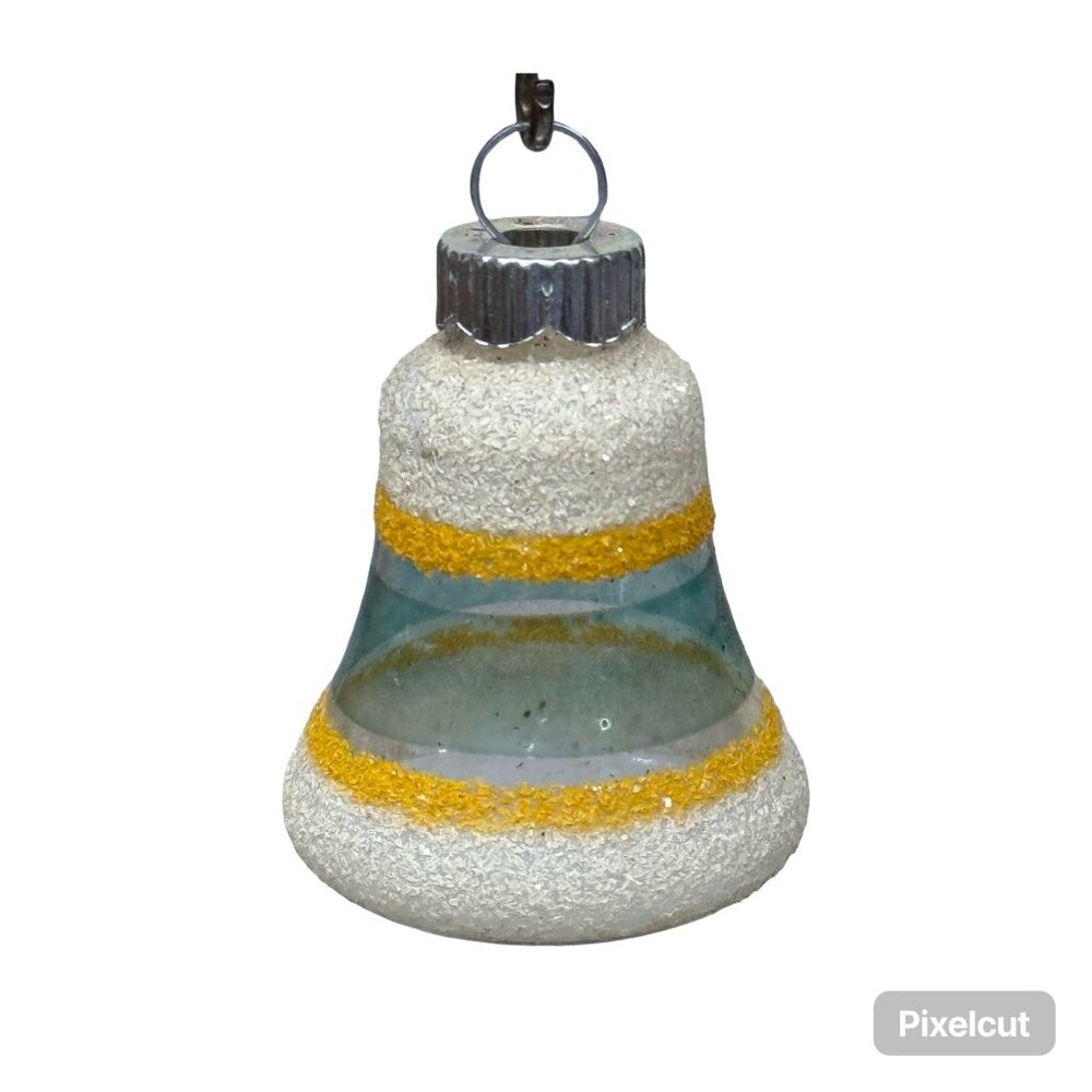 Vintage USA Gold White Glitter Glass Bell Ornament Mercury Yellow Blue Stripes